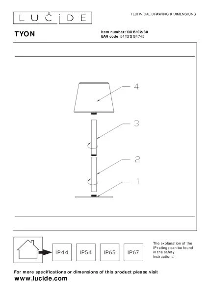 Lucide TYON - Rechargeable Table lamp Indoor/Outdoor - Battery pack - LED Dim. - IP65 - Black - technical